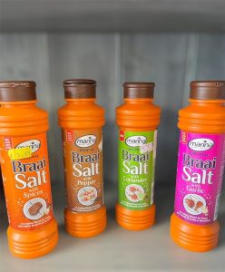 Bottle of Marina Braai Salt with a textured blend of spices, designed for grilling and Braai/BBQ.